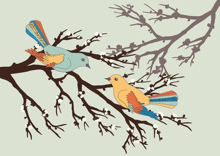 Two birds on blooming branchのイラスト素材