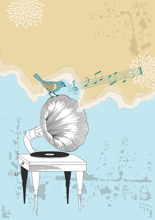 Old gramophone and blue birdのイラスト素材