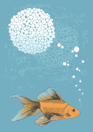 Golden fish swimming in water and bubblesのイラスト素材
