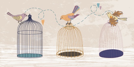 Three variegated birds and three cagesのイラスト素材