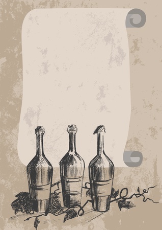 Wine bottles and old scrollのイラスト素材
