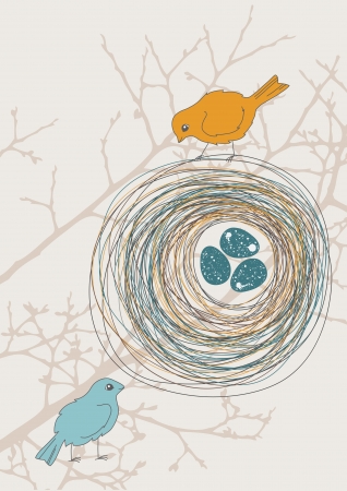 Two birds and nest with eggsのイラスト素材