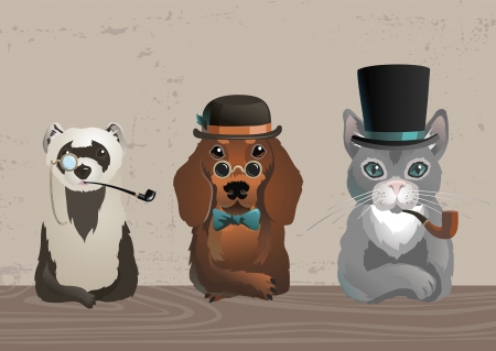 Three animals in old style costumesのイラスト素材