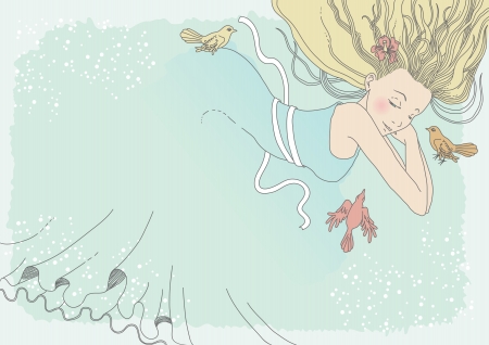 Birds wake young woman up - allegory of springのイラスト素材