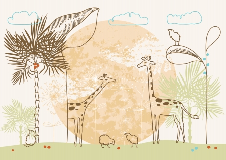 Illustration of two african giraffes and birdsのイラスト素材