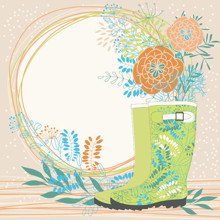Bunch of flowers in green rubber bootsのイラスト素材