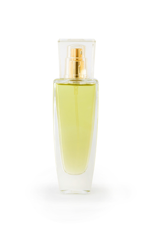 Glass perfume bottle on white backgroundの写真素材