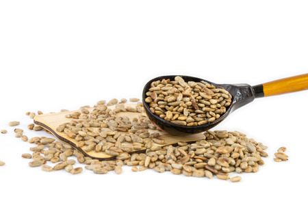 Natural roasted shelled sunflower seeds in wooden spoonの写真素材
