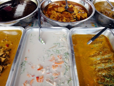 Many kind of Thai food in fresh market, Thai food is generally cooked with many herbs and good for health.の写真素材