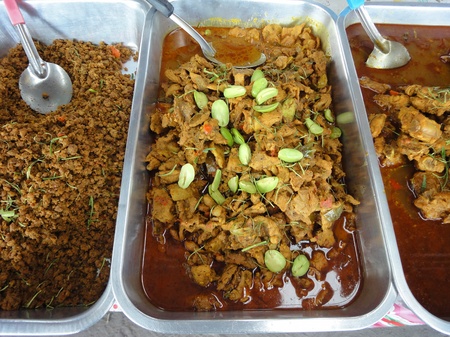 Many kind of Thai food in fresh market, Thai food is generally cooked with spicy Thai flavors.の写真素材