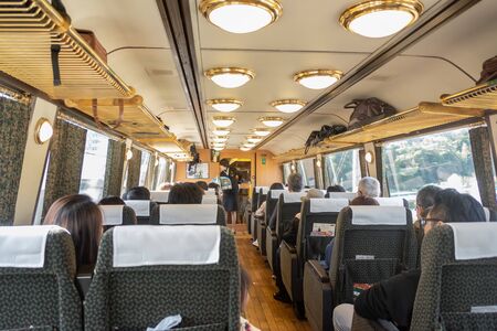 Yufuin, Oita, Kyushu, Japan - October 14, 2018 : Yufuin No Mori train, limited express train, route between Hakata station to Yufuin stationのeditorial素材