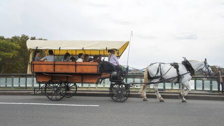 Yufuin, Oita, Kyushu, Japan - October 14, 2018 : The tourist on the horse carriage ride around Yufuin, river and Yufu mountain backgroundのeditorial素材
