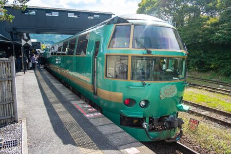 Yufuin, Oita, Kyushu, Japan - October 14, 2018 : Yufuin No Mori train, limited express train, route between Hakata station to Yufuin stationのeditorial素材