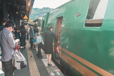 Yufuin, Oita, Kyushu, Japan - October 14, 2018 : Yufuin No Mori train, limited express train, route between Hakata station to Yufuin stationのeditorial素材