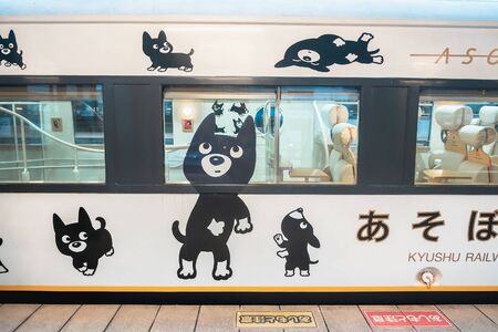 Aso, Kyushu, Japan - October 14, 2018 : Aso boy JR train, limited express train, route between Higo-Ozu station and Aso stationのeditorial素材