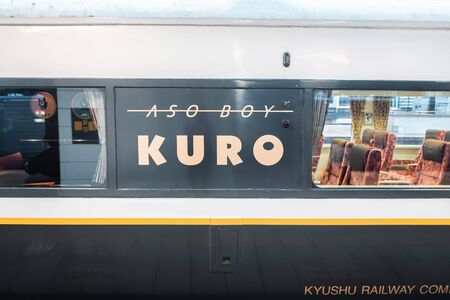 Aso,Kyushu,Japan - October 14, 2018 :Aso boy JR train, limited express train, route between Higo-Ozu station and Aso stationのeditorial素材