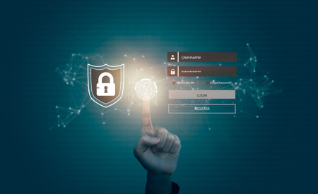 Data Security system concept, Business man touch  security icon screen, innovation technology, cloud computing, internet network communicationの写真素材