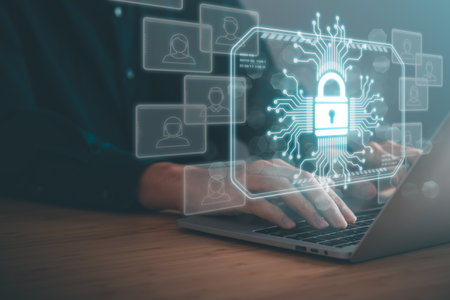 Data Security system concept, Business man use laptop with security icon screen, innovation technology, cloud computing, internet network communicationの写真素材