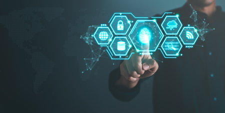 Data Security system concept, Business man touch  security icon screen, innovation technology, cloud computing, internet network communicationの写真素材