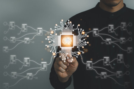 Digital information technology concept. Businessman touching artificial intelligence icon.の写真素材