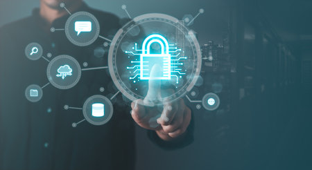 Data Security system concept, Business man touch  security icon screen, innovation technology, cloud computing, internet network communicationの写真素材
