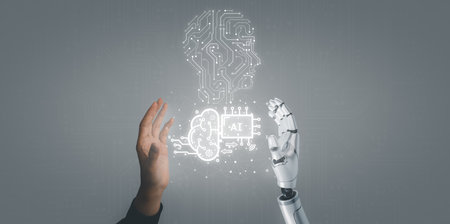 Business man and robot hand touch digital screen of AI icon artificial intelligence concept, big data, science, innovation technology, cloud computing, futuristic, internet network communicationの写真素材
