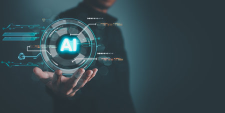 Digital information technology concept. Businessman holding artificial intelligence screen.の写真素材