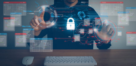 Data Security system concept, Business man use digital screen with security icon screen, innovation technology, cloud computing, internet network communicationの写真素材