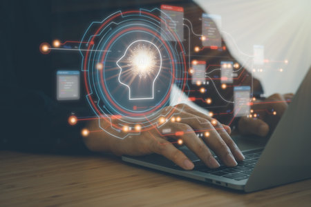 Business man use digital screen of AI icon artificial intelligence. Machine learning concept, big data, science, innovation technology, cloud computing, futuristic, internet network communicationの写真素材