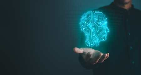Digital information technology concept. Businessman holding artificial intelligence screen.の写真素材