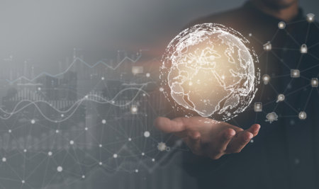 Digital information technology concept. Businessman holding virtual earth hologram. Social network, Digital marketing, Network transmission, Computer science and financial, artificial intelligence.の写真素材
