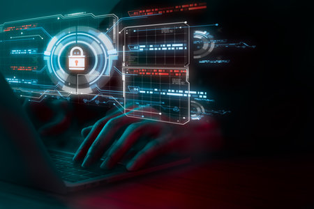 Data Security system concept, Business man use laptop with security icon screen, innovation technology, cloud computing, internet network communicationの写真素材