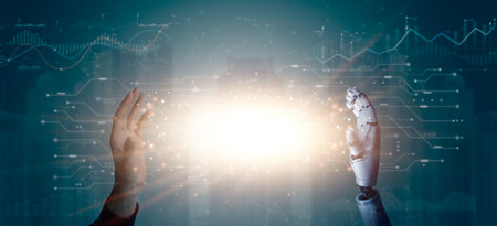 robot hand and businessman hand with digital screen. artificial intelligence concept, big data, science, innovation technology, cloud computing, futuristic, internet network communicationの写真素材