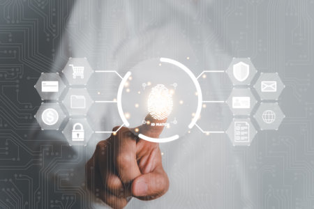 Data Security system concept, The man scan finger print to prevent hacker attack  system, innovation technology, cloud computing, internet network communicationの写真素材
