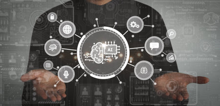 Business man holding digital screen of AI icon artificial intelligence. Machine learning concept,...