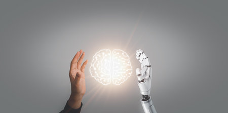 Business man and robot hand touch digital screen of AI icon artificial intelligence concept, big data, science, innovation technology, cloud computing, futuristic, internet network communicationの写真素材