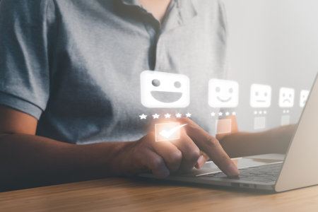 Business man point five stars survey rating icon for customer satisfaction scores. customer satisfaction concept.の写真素材