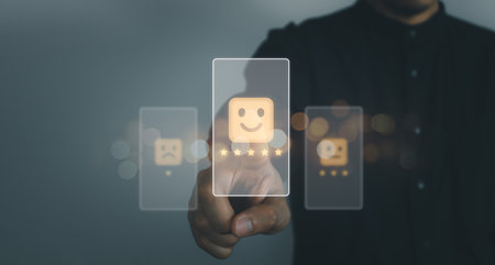 Business man point five stars survey rating icon for customer satisfaction scores. customer satisfaction concept.の写真素材