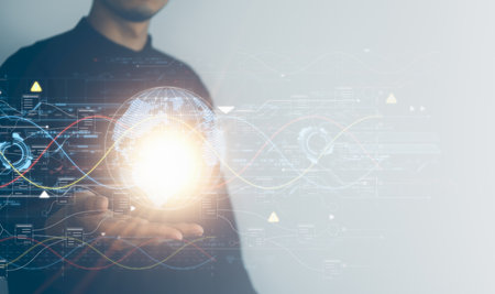 Digital information technology concept. Businessman holding virtual earth hologram. Social network, Digital marketing, Network transmission, Computer science and financial, artificial intelligence.の写真素材