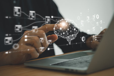 Digital information technology concept. Businessman touching artificial intelligence icon.の写真素材