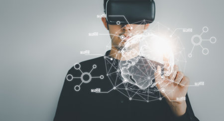 Digital information technology concept. Businessman wear VR glasses and touch virtual earth hologram. Social network, Digital marketing, Computer science and financial, artificial intelligence.の写真素材