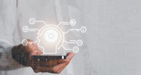 AI icon artificial intelligence above the mobile phone. Machine learning concept, big data, science,...