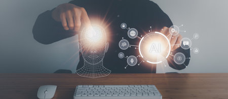 Digital information technology concept. Businessman touching artificial intelligence icon.の写真素材