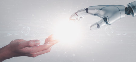Robot hand touch businessman hand, artificial intelligence concept. big data, science, innovation technology, cloud computing, futuristic, internet network communicationの写真素材