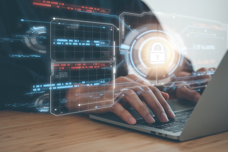 Data Security system concept, Business man use laptop with security icon screen, innovation technology, cloud computing, internet network communicationの写真素材