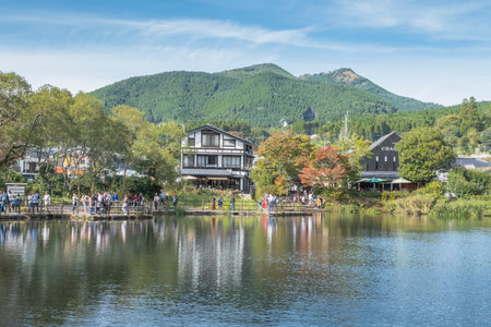 Yufuin,Oita,Kyushu,Japan - October 14, 2018 : Lake Kinrin with Mount Yufu and blue sky background at Yufuin, Oita, Kyushu, Japanのeditorial素材