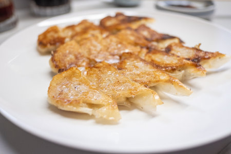 Japanese dumpling or Gyoza on the white plate with soy sauceの写真素材