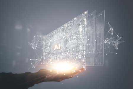 Digital information technology concept. Businessman touching artificial intelligence screen.の写真素材