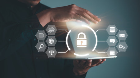 Data Security system concept, Business man is logging into system and  security icon on screen, innovation technology, cloud computing, internet network communicationの写真素材