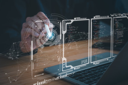 Digital information technology concept. Businessman touching artificial intelligence screen.の写真素材